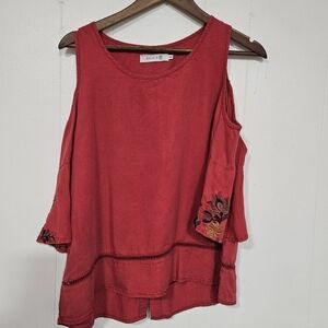 Billy T Red Embroidered Cold Shoulder Top